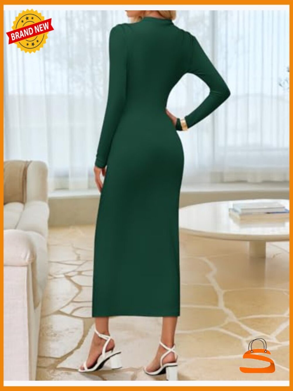 Long Sleeve Mock Neck Bodycon Midi Dress Cocktail Party Wedding Guest Dress - Picture 4 of 7